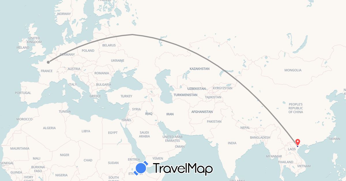 TravelMap itinerary: driving, plane, hiking in France, Russia, Vietnam (Asia, Europe)